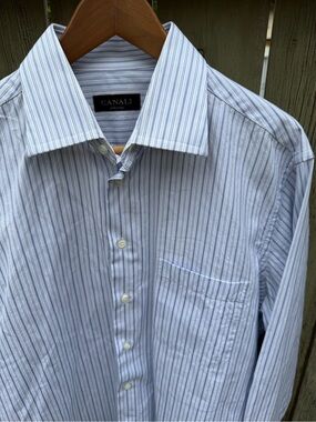 Canali Blue White Stripe Cotton Dress Shirt Mens 42 16.5 Spread Collar Italy